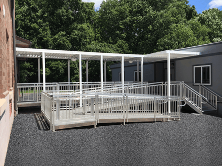 modular school building with awnings